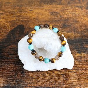 bracelet amazonite oeil de tigre et quartz fumé 8 mm occizen